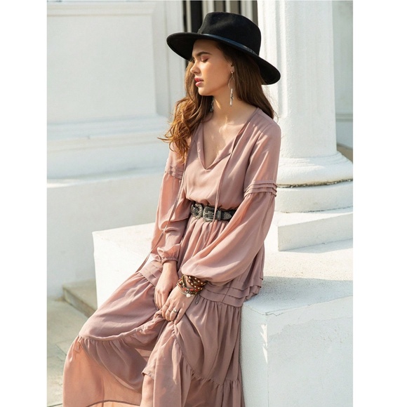 Pink Bohemian Maxi Dress Chiffon Neck Ties Long Sleeve Ruffle Hem Flowy - Picture 4 of 10